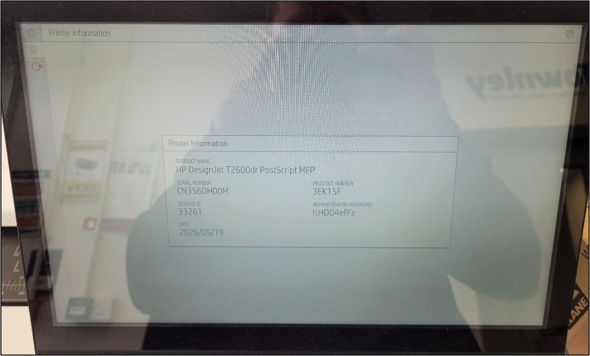 HP T1600 About Printer section showing serial number and admin password